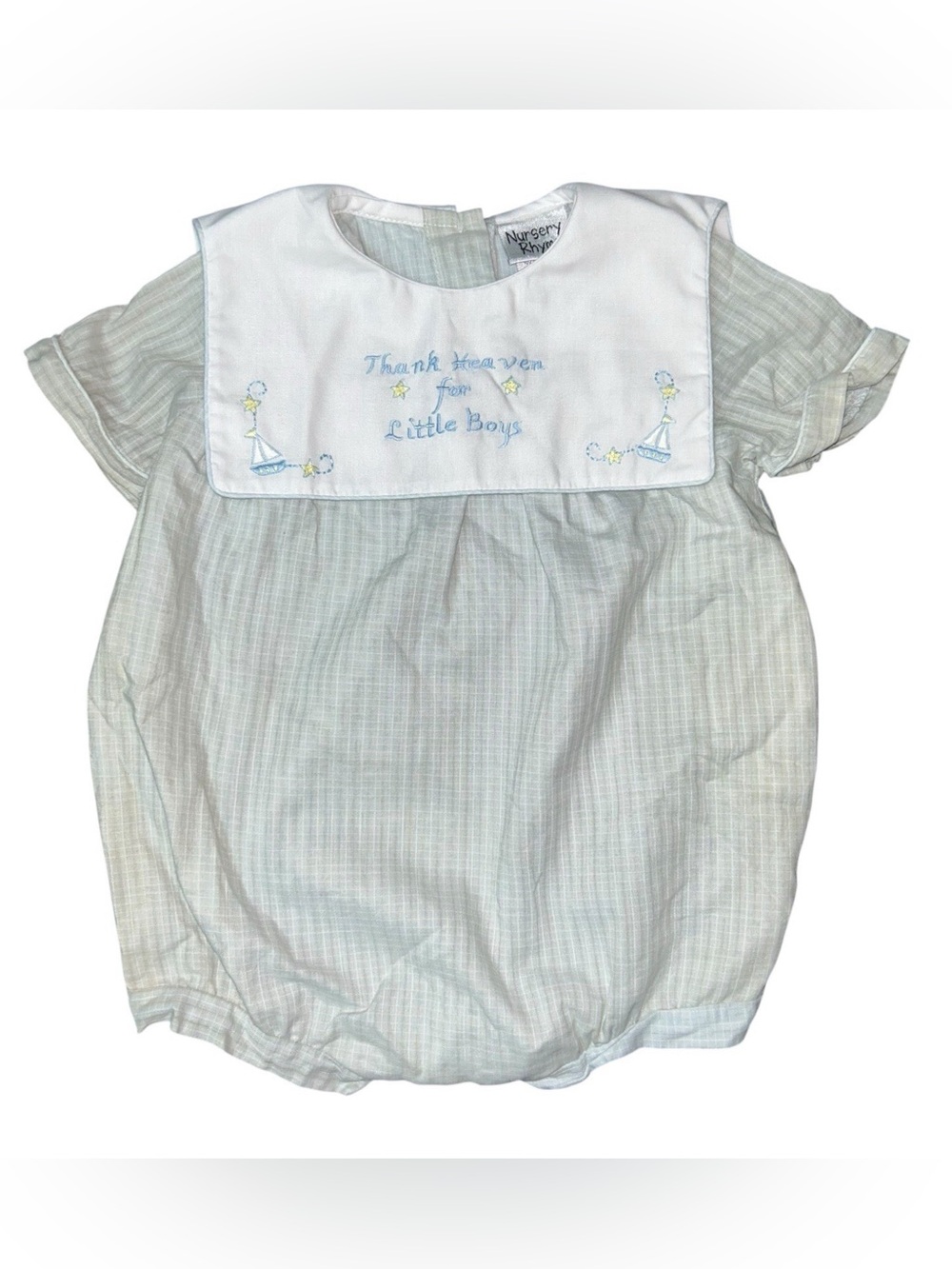 Vintage Nursery Rhyme Smocked Embroidered Thank Heaven For Little Boys 1 Piece